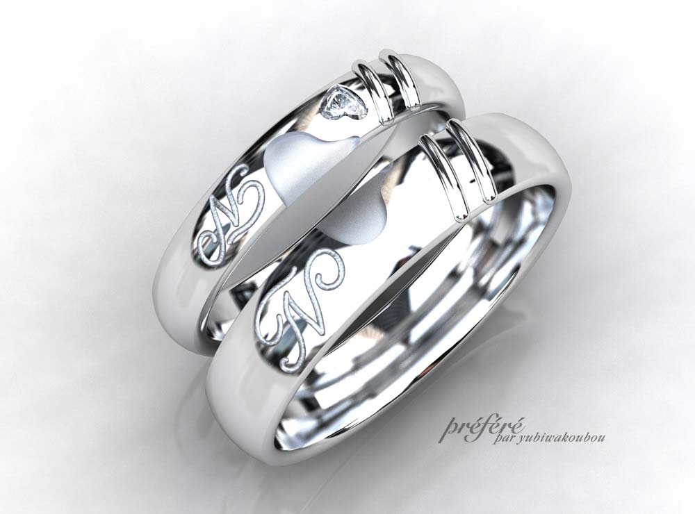 スライムとハートダイヤの結婚指輪-イメージCG