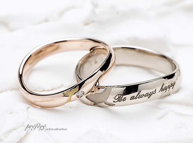 ピンクゴールド＆シャンパンゴールドでお創りしたクジラモチーフの結婚指輪