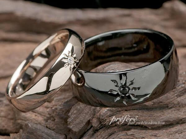 太陽モチーフの結婚指輪はブラックとピンクゴールドでオーダーメイド