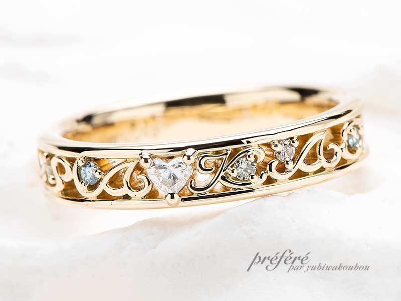 【結婚10周年記念指輪】ハートのダイヤモンドを入れたデザイン