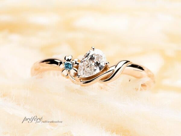 【フルオーダー】婚約指輪はペアシェイプダイヤとファンシーピンクダイヤをアレンジ