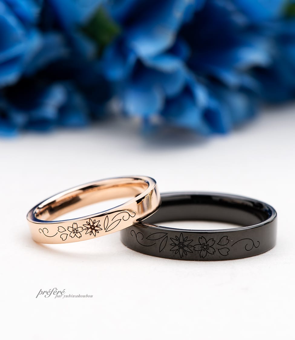 カナダのエーデルワイス、日本の桜を入れた結婚指輪