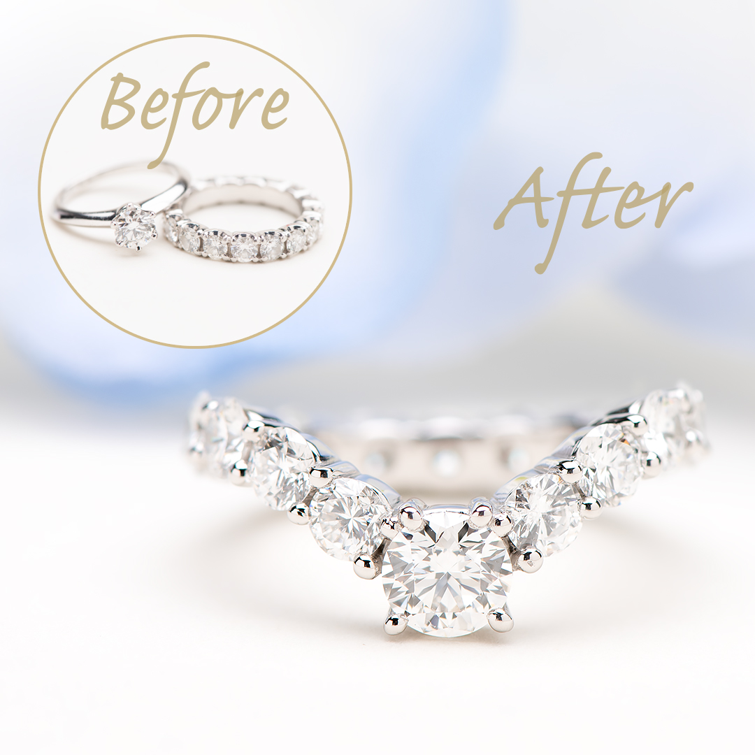 指を長く見せるV字デザインのプラチナ・フルエタニティリング