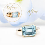 K18イエローゴールドにリフォームされた大粒ブルートパーズの指輪。モダンでシンプルなデザイン