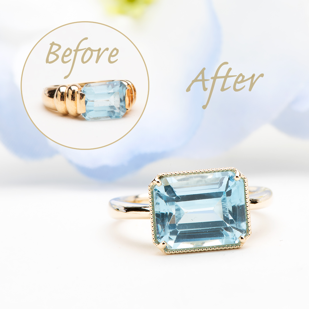 K18イエローゴールドにリフォームされた大粒ブルートパーズの指輪。モダンでシンプルなデザイン